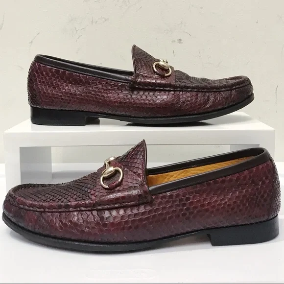 Gucci 1953 Classic Maroon Black Python Snakeskin Gold Horsebit Loafers 8 G 9 D - Picture 2 of 8